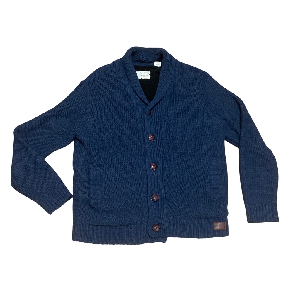 Weatherproof Vintage Mens XL Navy Blue Sherpa Lined Heavy Shawl Cardigan Sweater